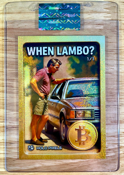 BITCOIN Card "When Lambo?" Old Car Retro 2026 GleeBeeCo Gold Holo Pixels 1/1