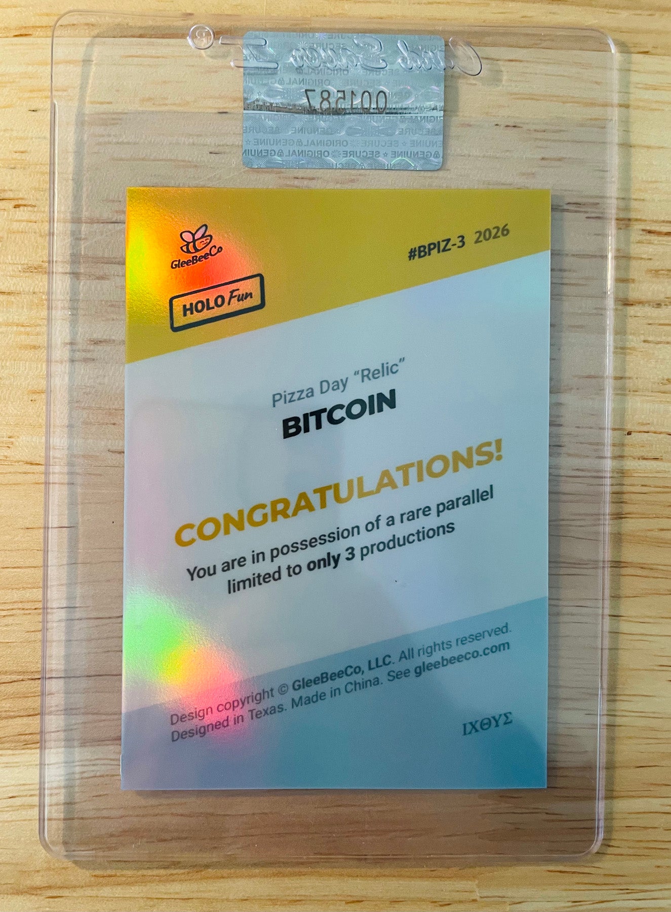/3 2026 BITCOIN Pizza Day "Relic" Card 2026 GleeBeeCo Holo Fun #BPIZ-3 Rare