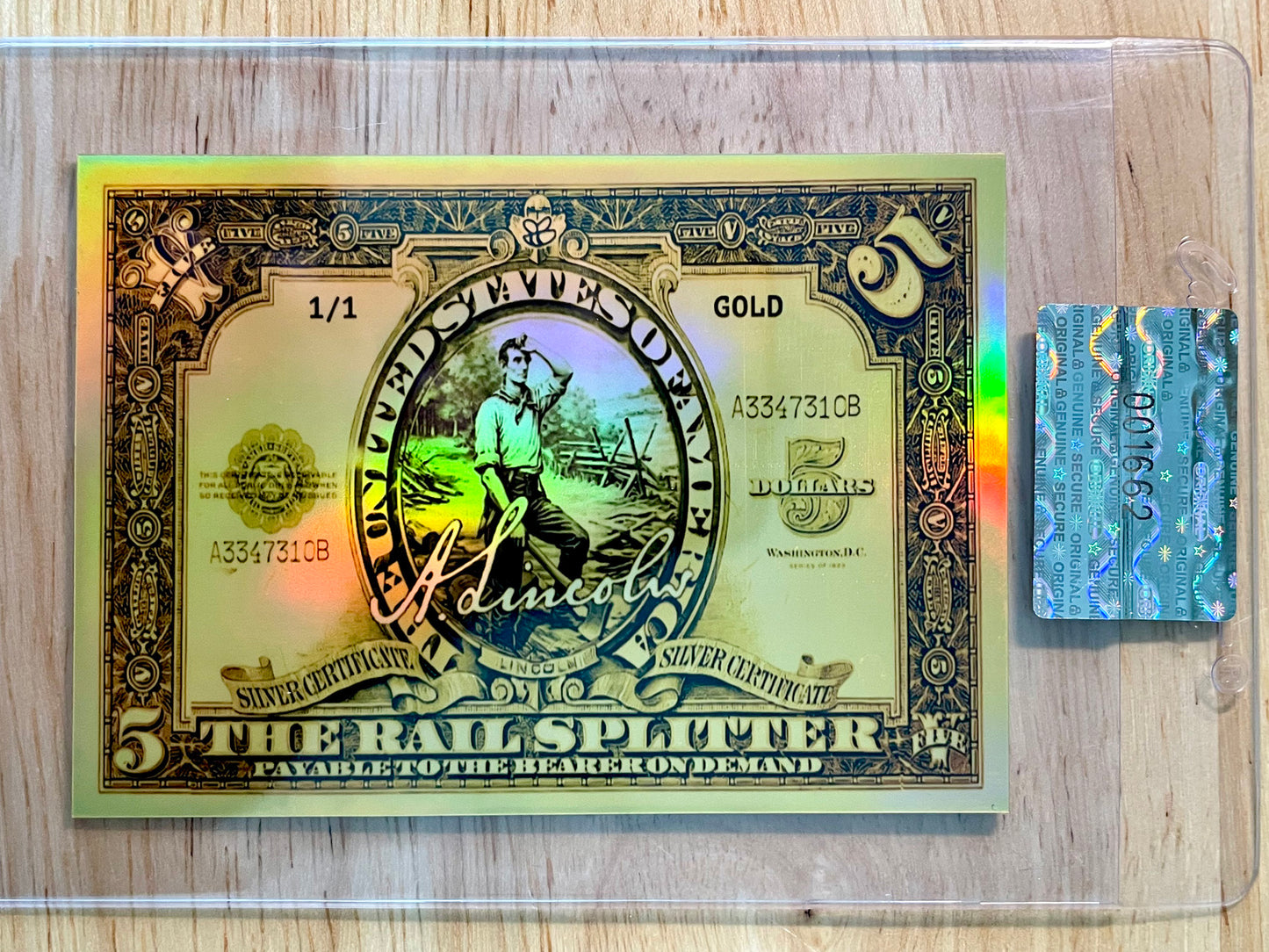 1/1 Abraham Lincoln Card Rail Splitter Faux $5 Bank Note 2026 GleeBeeCo GOLD