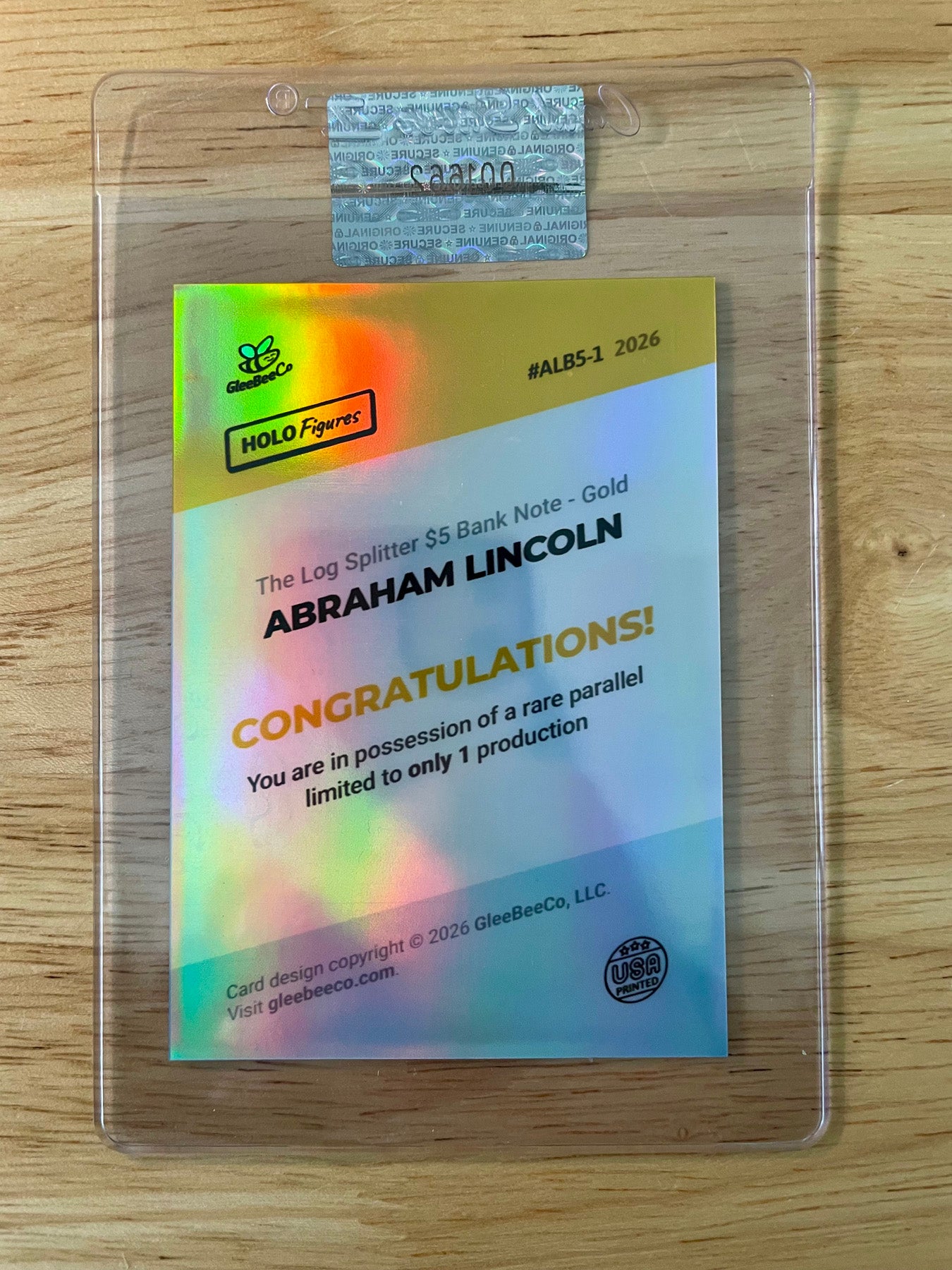 1/1 Abraham Lincoln Card Rail Splitter Faux $5 Bank Note 2026 GleeBeeCo GOLD