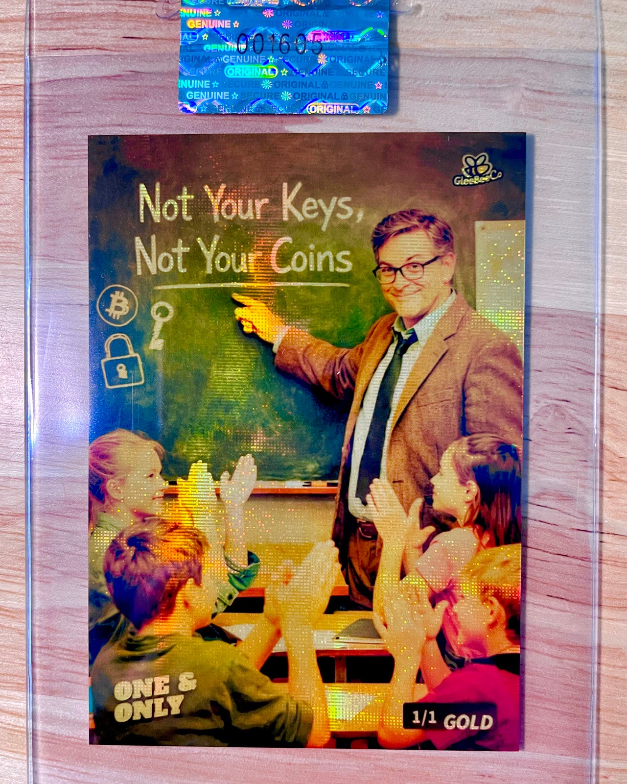 1/1 Crypto Card Not Your Keys, Not Your Coins Bitcoin GleeBeeCo Gold Holo Grid