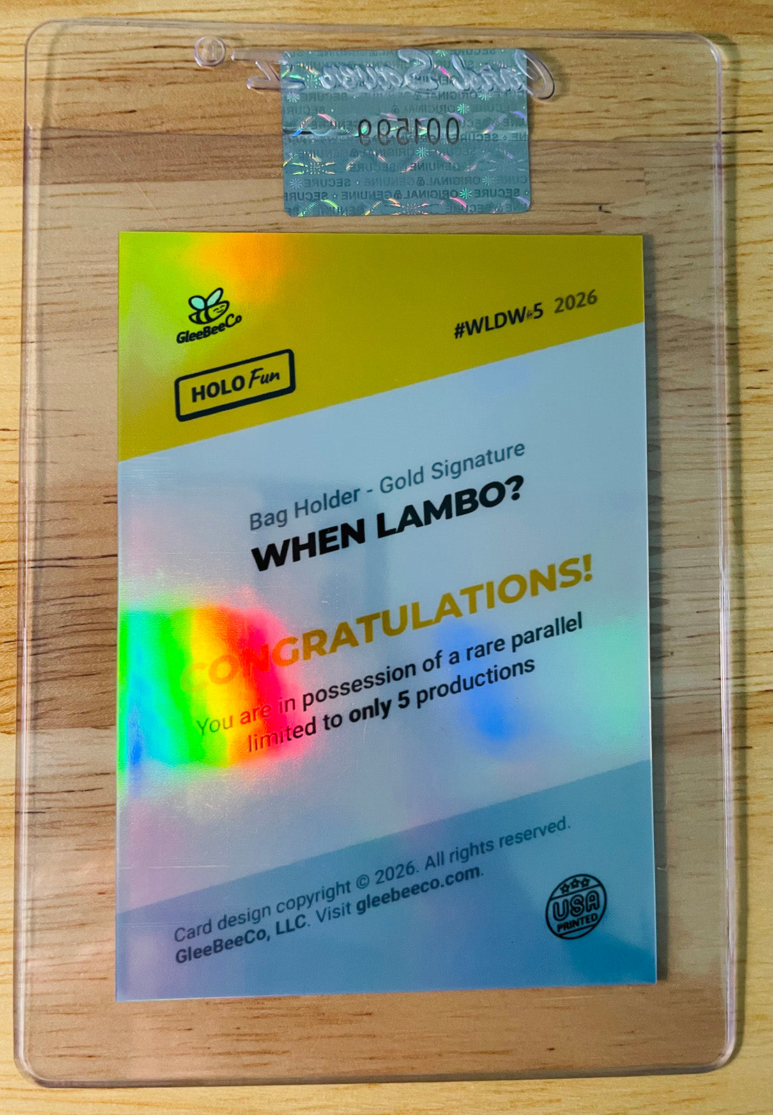/5 BITCOIN Card When Lambo? Driveway Holo GOLD Signature GleeBeeCo