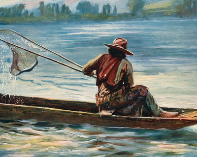 Indian Fisherman on Snake River in 1908 vintage print