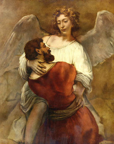 Jacob Wrestling with the Angel painting by Rembrandt (1659)