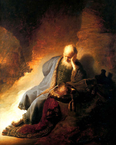 Jeremiah Mourning Over the Destruction of Jerusalem painting print by Rembrandt (1630)