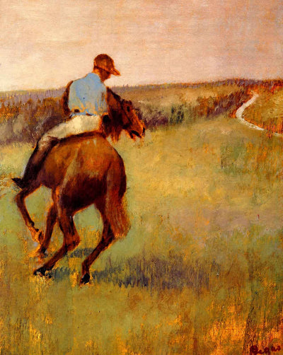 Jockey in Blue on a Chestnut Horse painting print by Edgar Degas (1889)