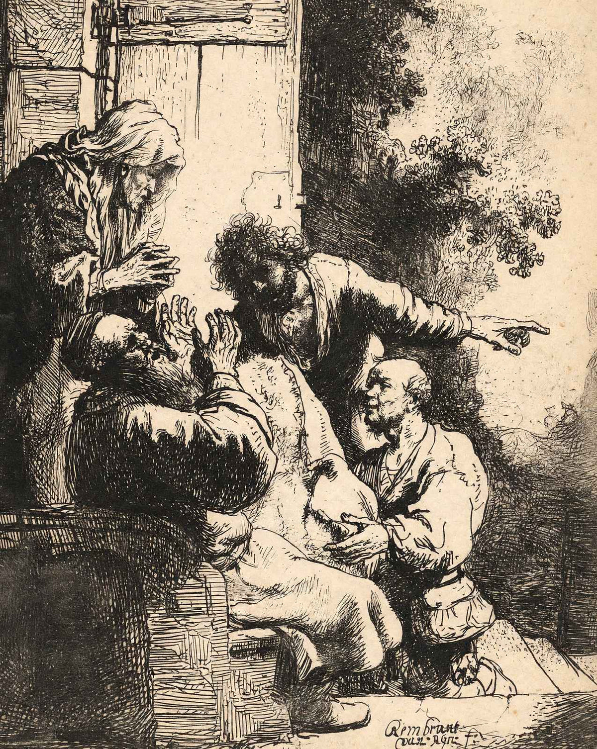 Joseph`s Coat Brought to Jacob drawing print by Rembrandt (1633)