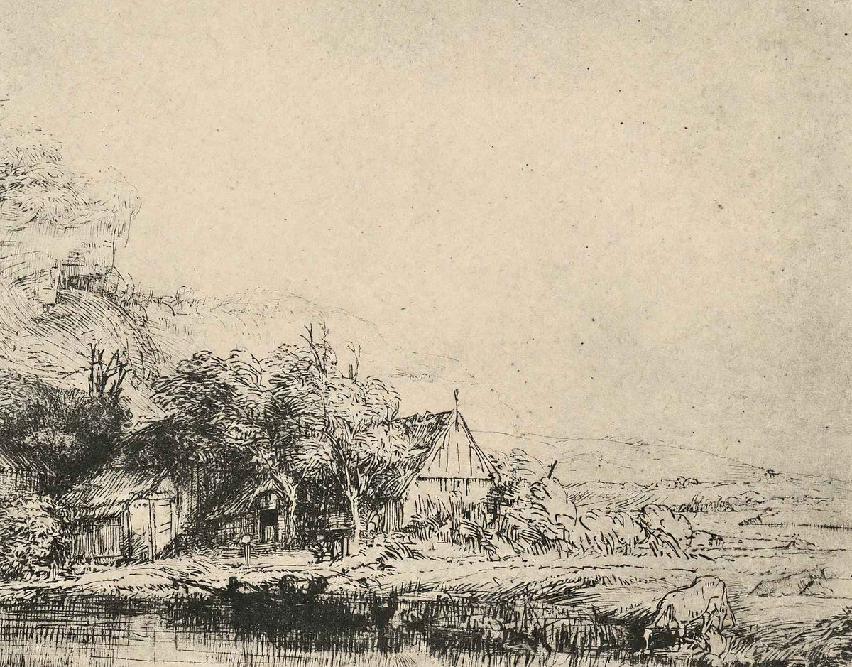 Landscape with a Cow Drinking Art Print 1649 Drawing by Rembrandt (6 Sizes)