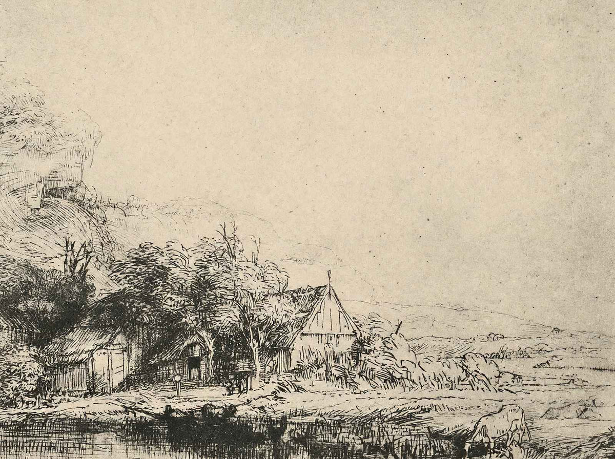 Landscape with a Cow Drinking Art Print 1649 Drawing by Rembrandt (6 Sizes)