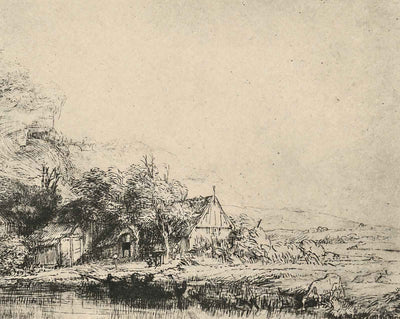 Landscape with a Cow Drinking drawing print by Rembrandt (1649)