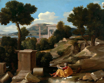 Landscape with Saint John on Patmos painting print by Nicolas Poussin