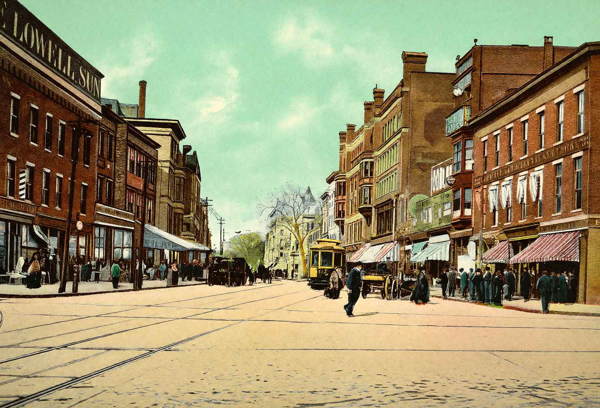 Merrimac Street, Lowell, Massachusetts in 1907 Vintage Print (7 Sizes)