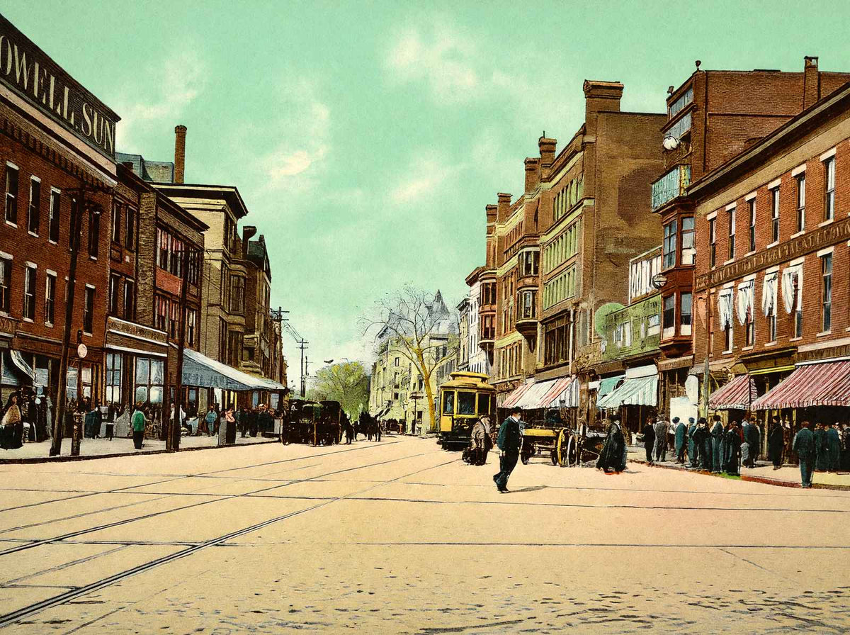 Merrimac Street, Lowell, Massachusetts in 1907 Vintage Print (7 Sizes)