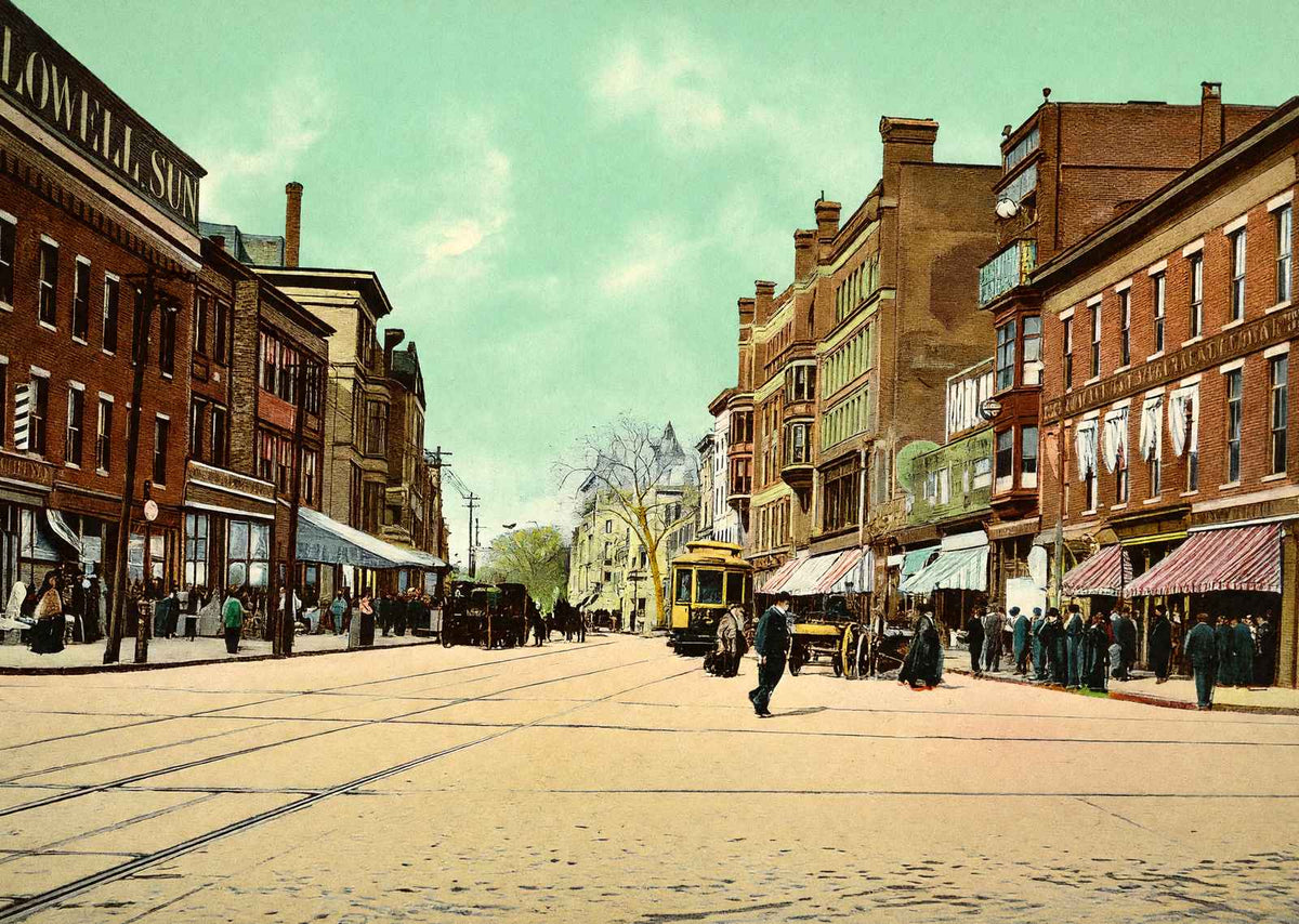 Merrimac Street, Lowell, Massachusetts in 1907 Vintage Print (7 Sizes)