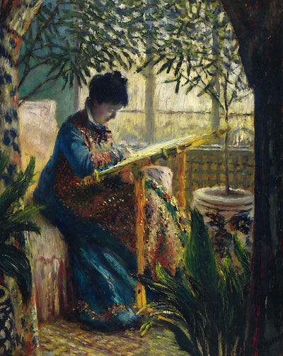 Madame Monet Embroidering art print by Claude Monet (1875)