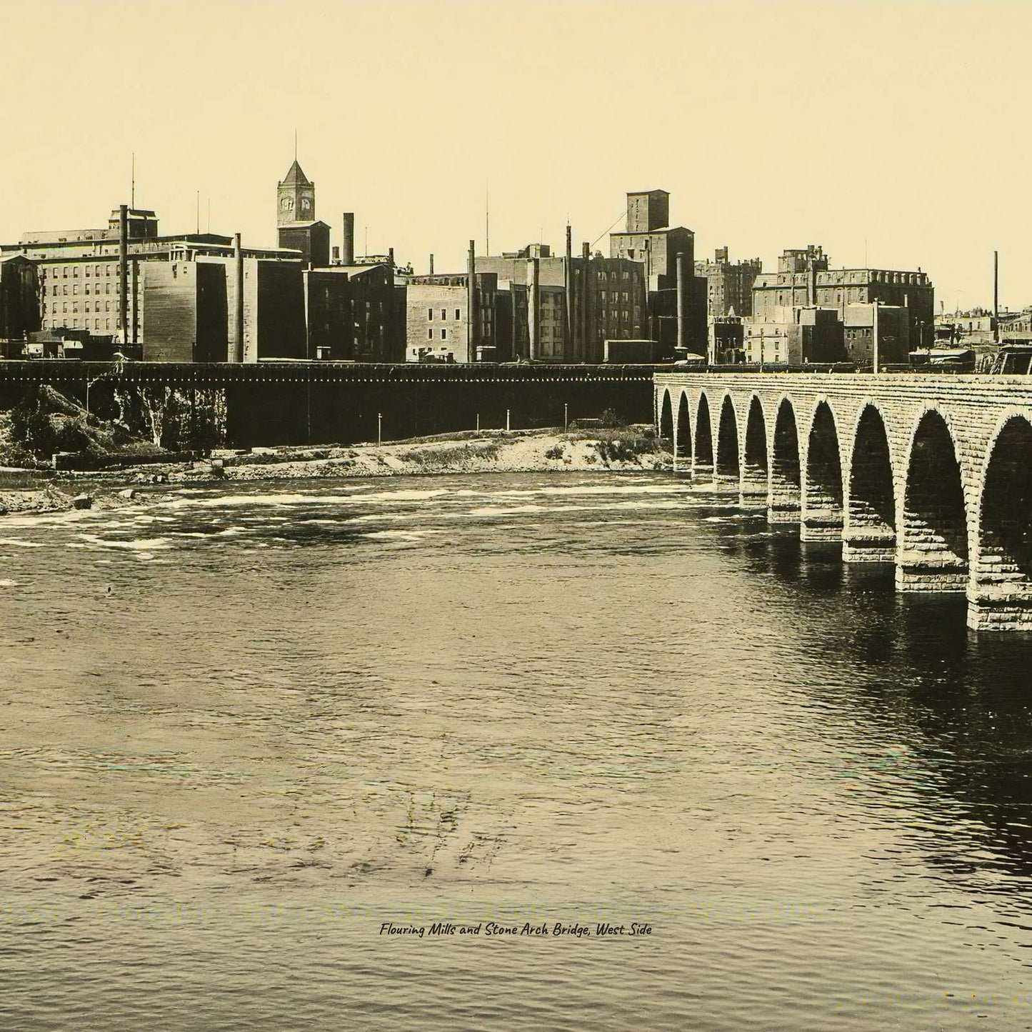 Flouring Mills and Stone Arch Bridge West Side Vintage Print (7 Sizes)