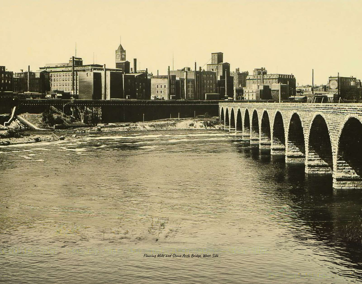Flouring Mills and Stone Arch Bridge West Side Vintage Print (7 Sizes)