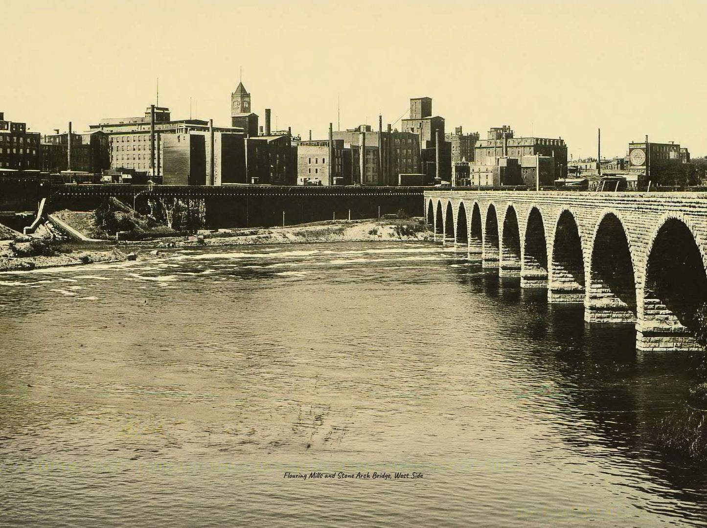 Flouring Mills and Stone Arch Bridge West Side Vintage Print (7 Sizes)