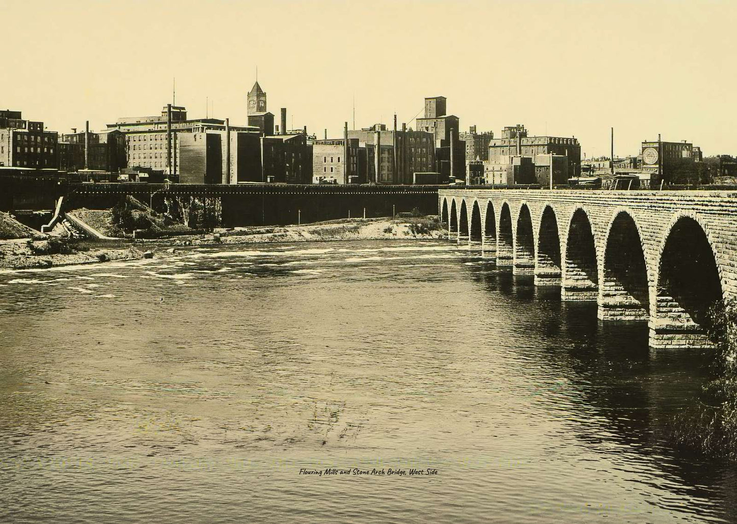 Flouring Mills and Stone Arch Bridge West Side Vintage Print (7 Sizes)
