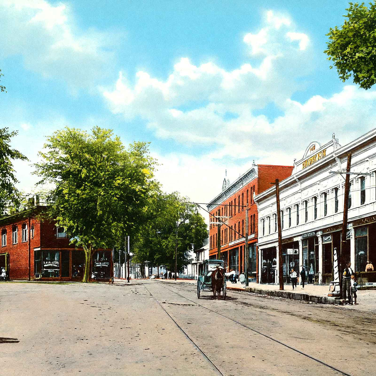 Nashawannuck Square with Horse-Drawn Vehicles, Easthampton, MA Vintage Print