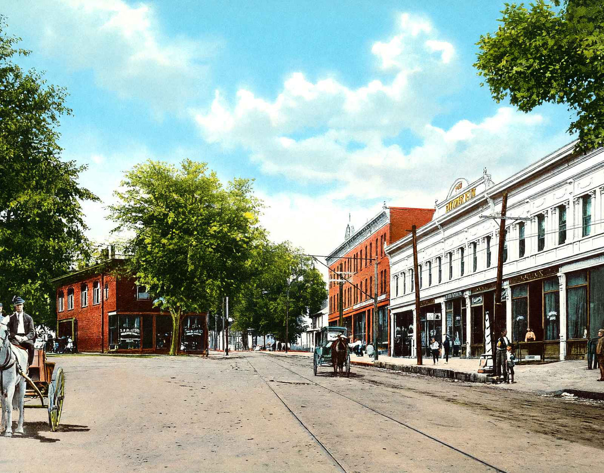 Nashawannuck Square with Horse-Drawn Vehicles, Easthampton, MA Vintage Print