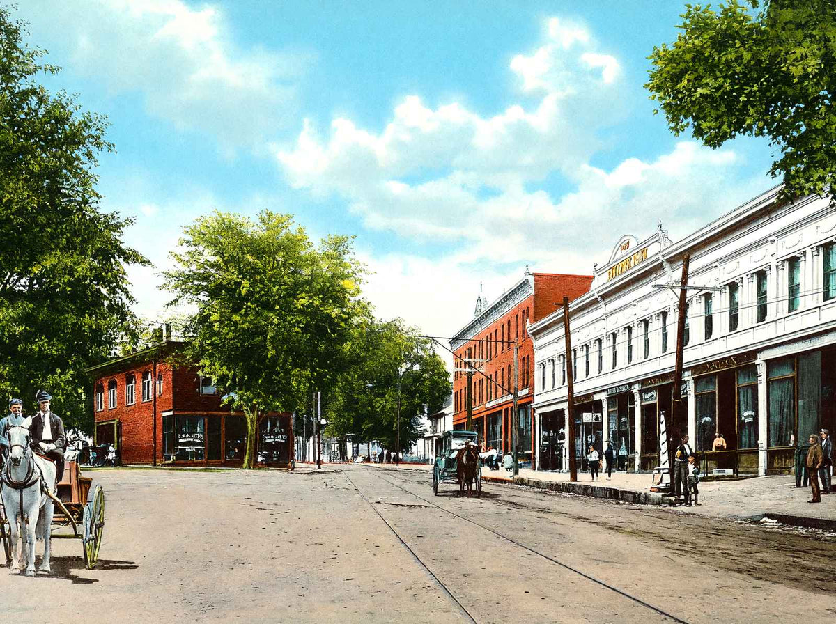 Nashawannuck Square with Horse-Drawn Vehicles, Easthampton, MA Vintage Print
