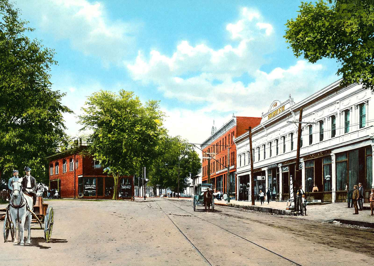 Nashawannuck Square with Horse-Drawn Vehicles, Easthampton, MA Vintage Print