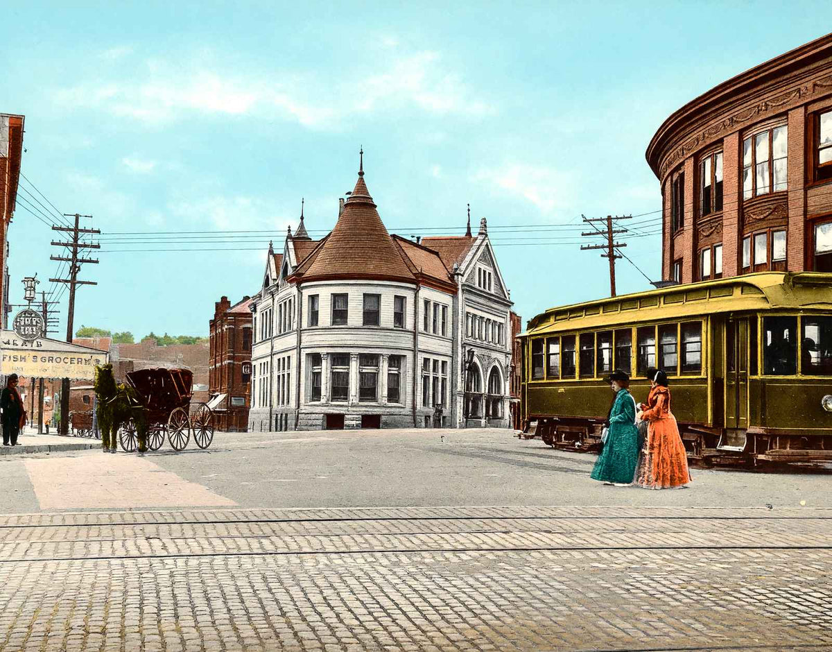 The Square, Newton, Massachusetts in 1907 Vintage Print (7 Sizes) - Reproduction