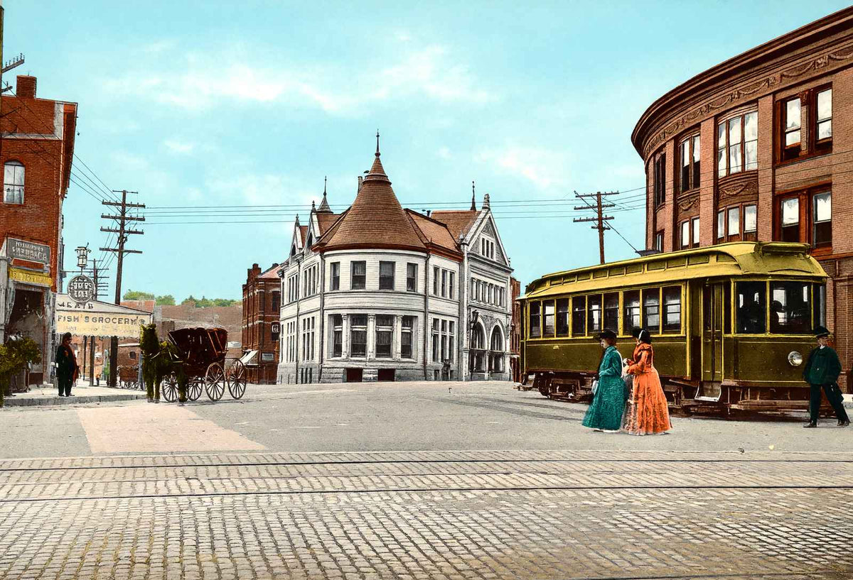 The Square, Newton, Massachusetts in 1907 Vintage Print (7 Sizes) - Reproduction
