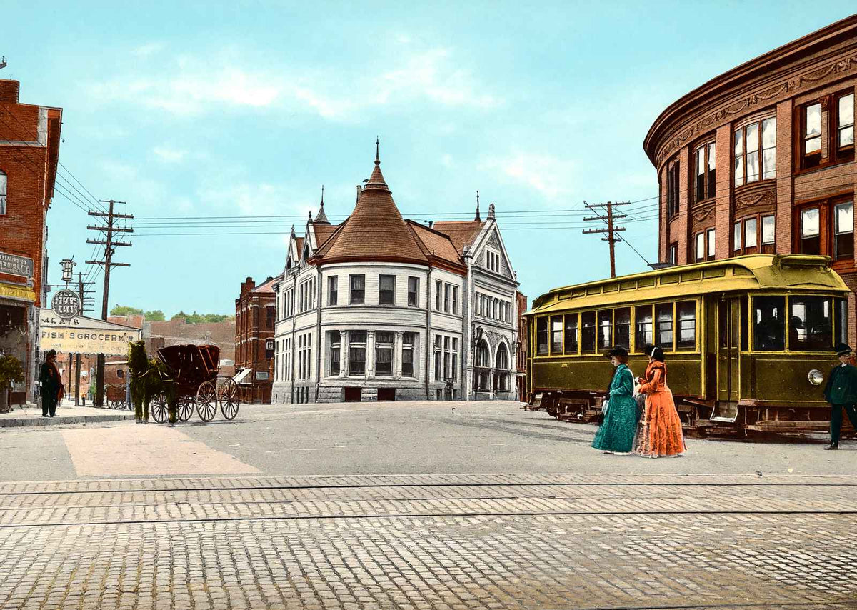 The Square, Newton, Massachusetts in 1907 Vintage Print (7 Sizes) - Reproduction