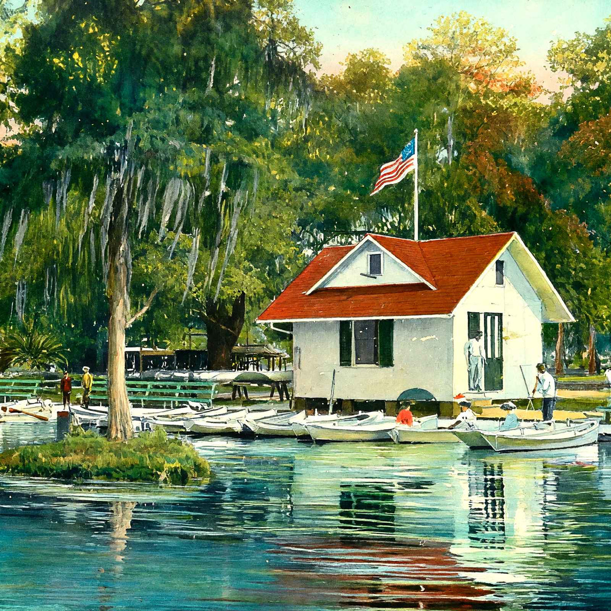Boat House City Park New Orleans in 1908 Painting Print (7 Sizes) - Restored