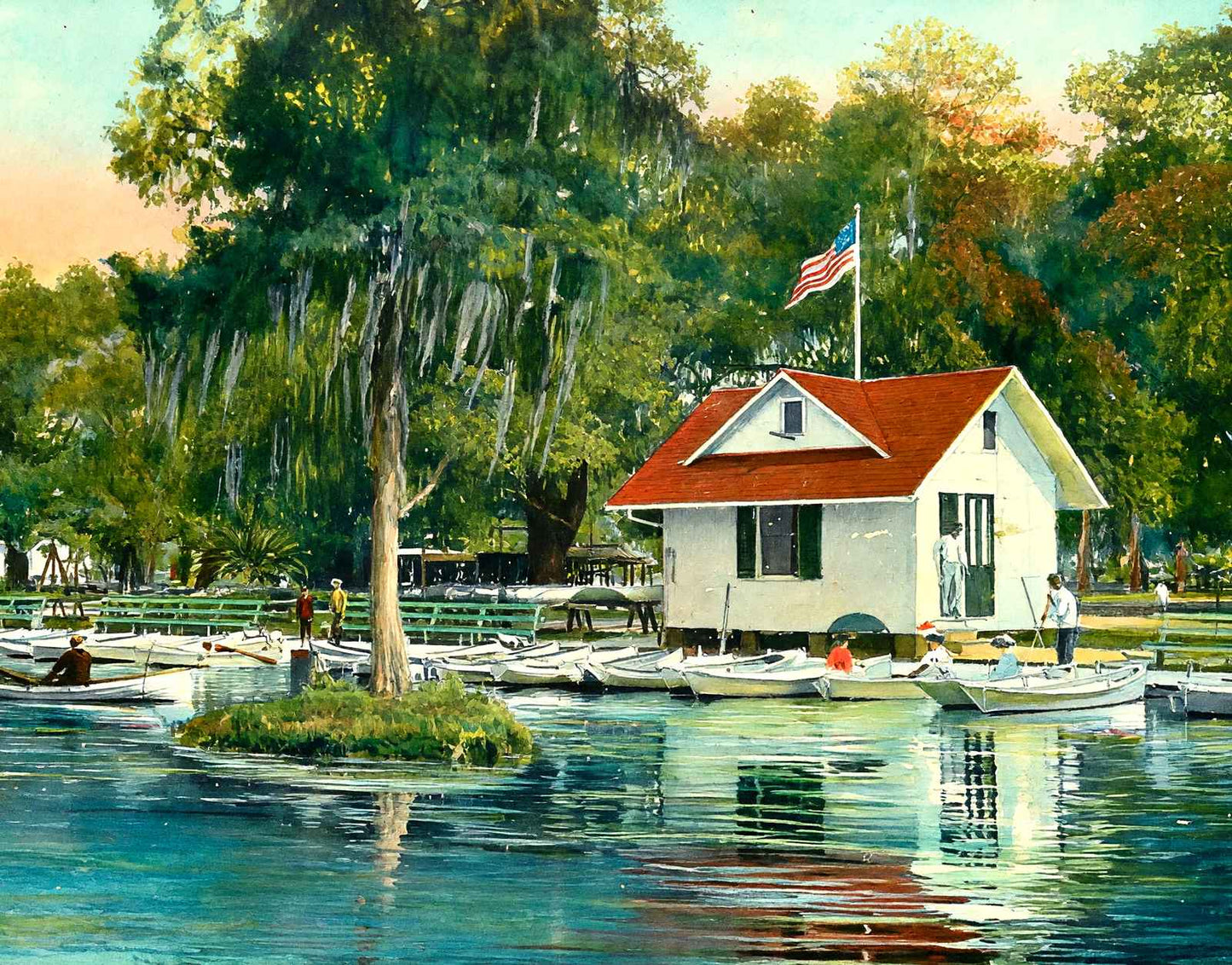 Boat House City Park New Orleans in 1908 Painting Print (7 Sizes) - Restored