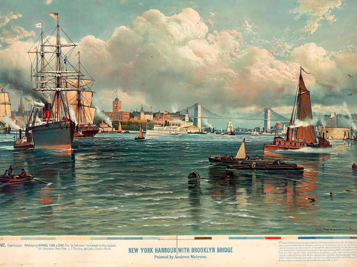 New York Harbor with Brooklyn Bridge by Melrose Reproduction Art Print (6 Sizes)