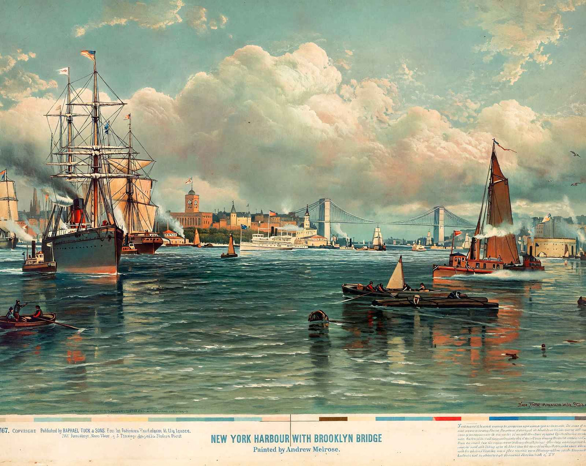 New York Harbor with Brooklyn Bridge painting by Andrew Melrose