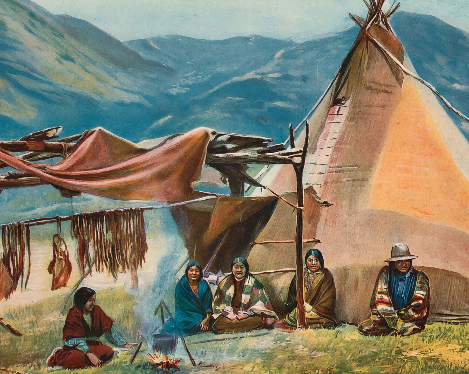 Indians at Home on the Columbia River vintage print