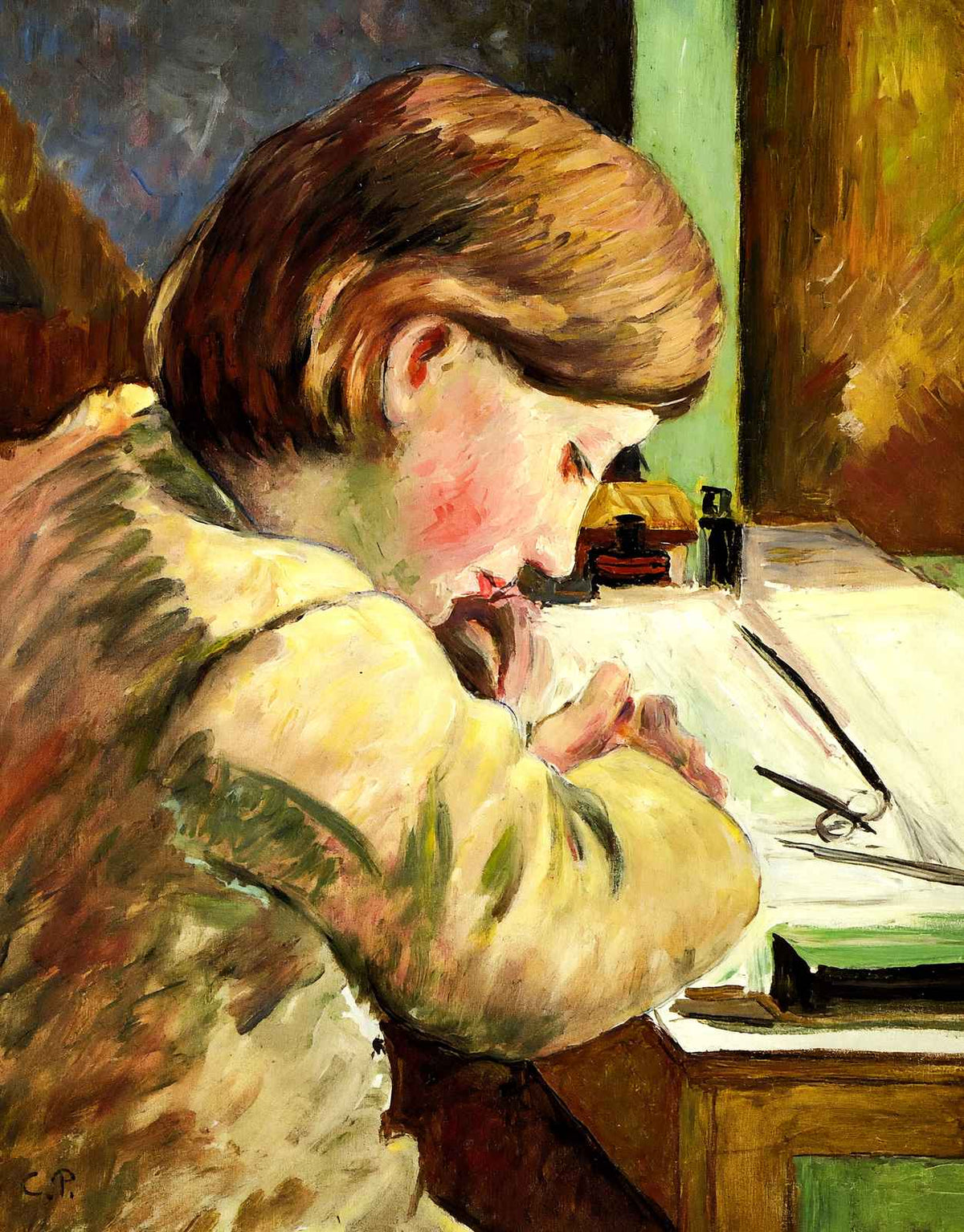 Paul Writing Painting by Camille Pissarro Art Print (6 Sizes) - High Quality