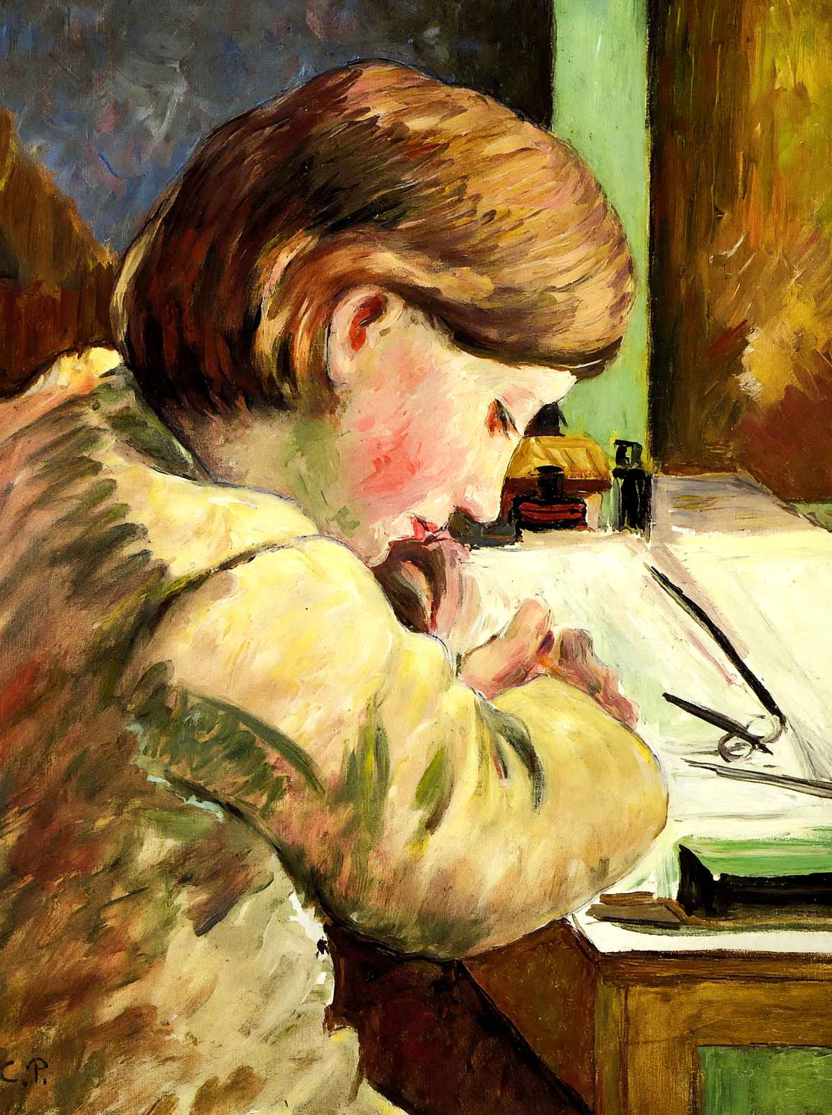 Paul Writing Painting by Camille Pissarro Art Print (6 Sizes) - High Quality