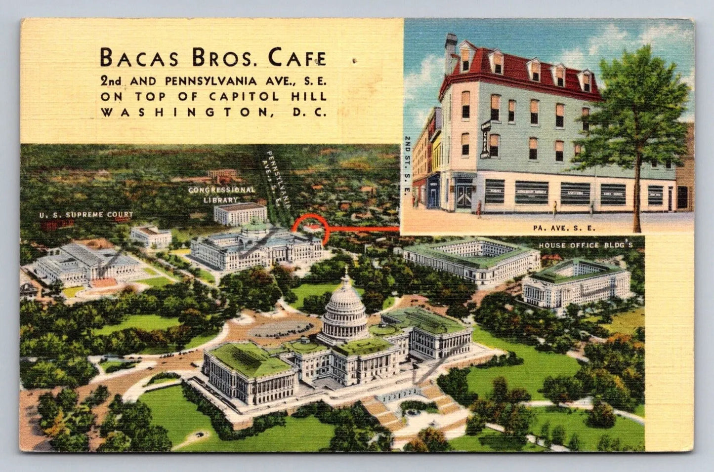 Bacas Bros Cafe, on Top of Capitol Hill, Washington DC Vintage Postcard