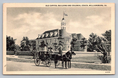 Old Capitol Building and Colonial Coach, Williamsburg, Va - Horses Postcard