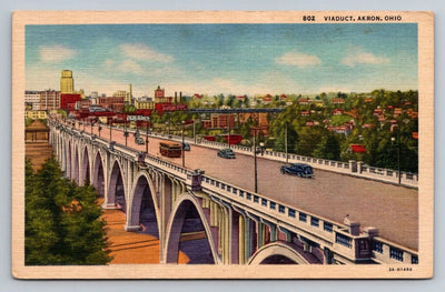 Viaduct, Akron, Ohio Bridge, Cars Vintage Central News Co Postcard