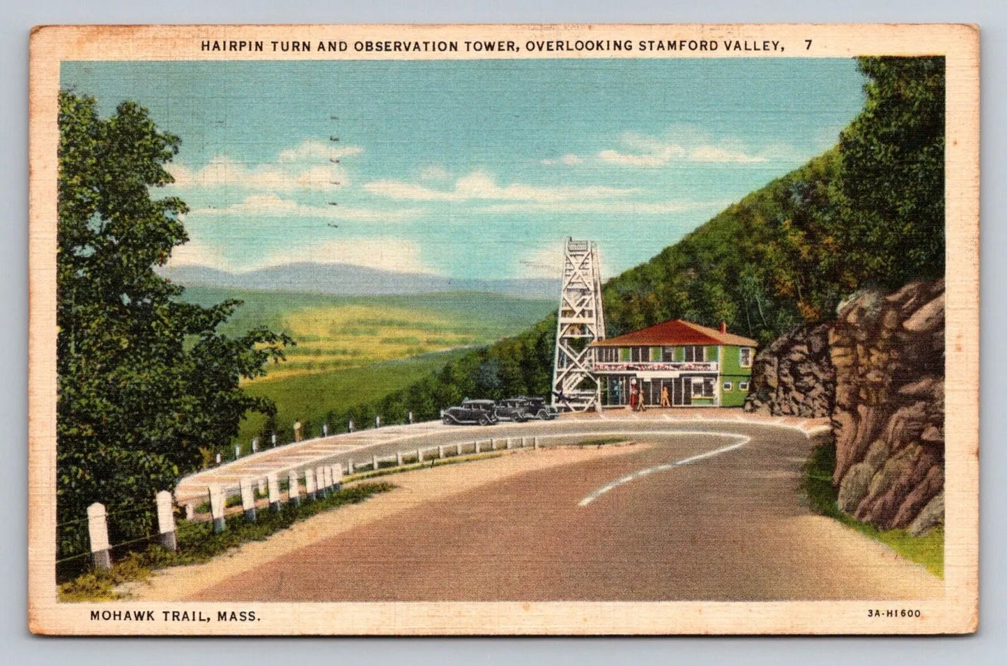 Mohawk Trail, Mass., Hairpin Turn, Observation Tower, Stamford Valley Postcard