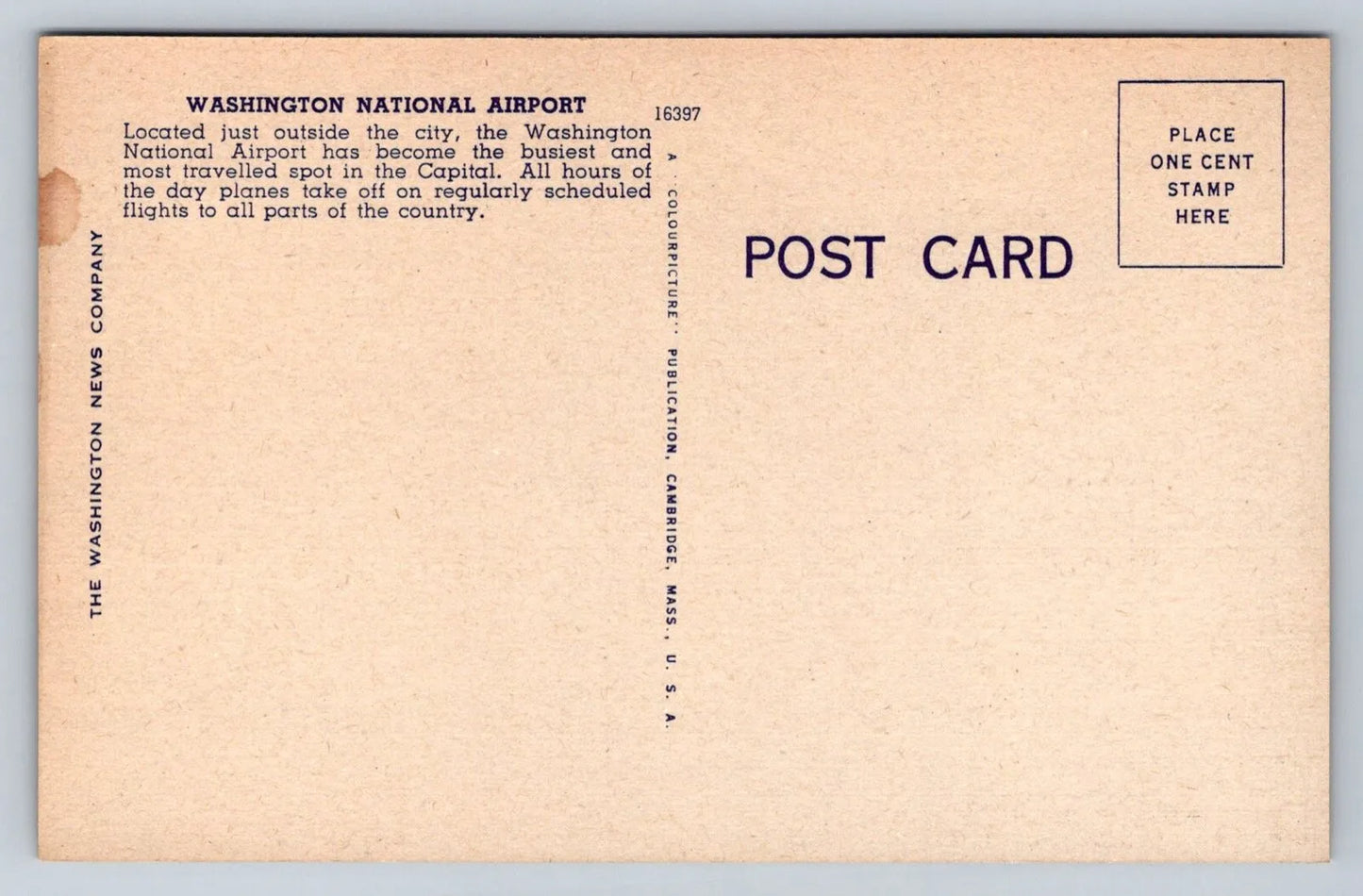 Washington National Airport, Washington DC - Jet Plane Vintage Postcard