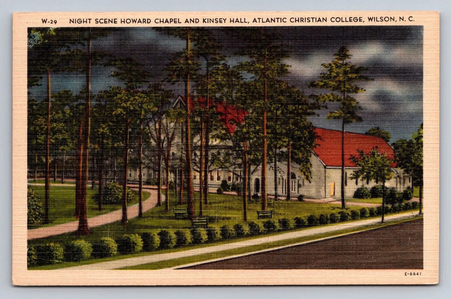 Night Scene Howard Chapel and Kinsey Hall, Atlantic Christian College Postcard