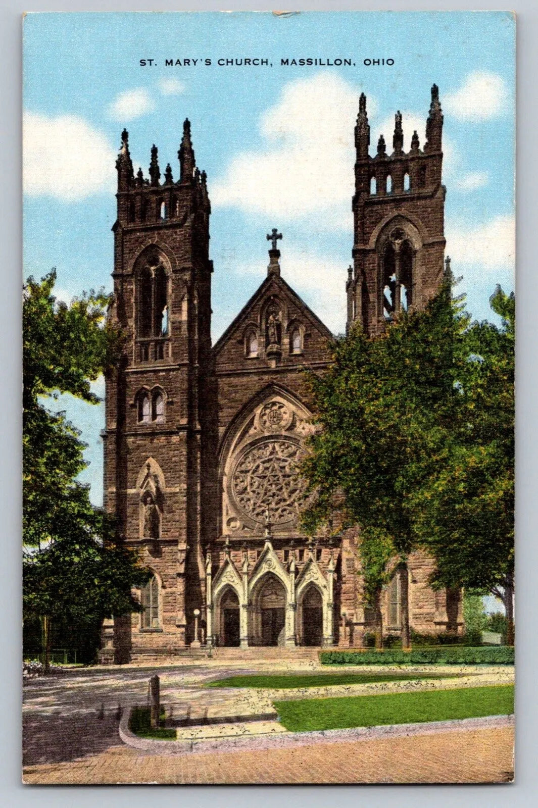 St. Mary's Church, Massillon, Ohio, circa 1948, with Stamp Vintage Postcard