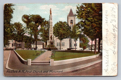 Nashua, NH, First Church and Monument (New Hampshire) Vintage Postcard