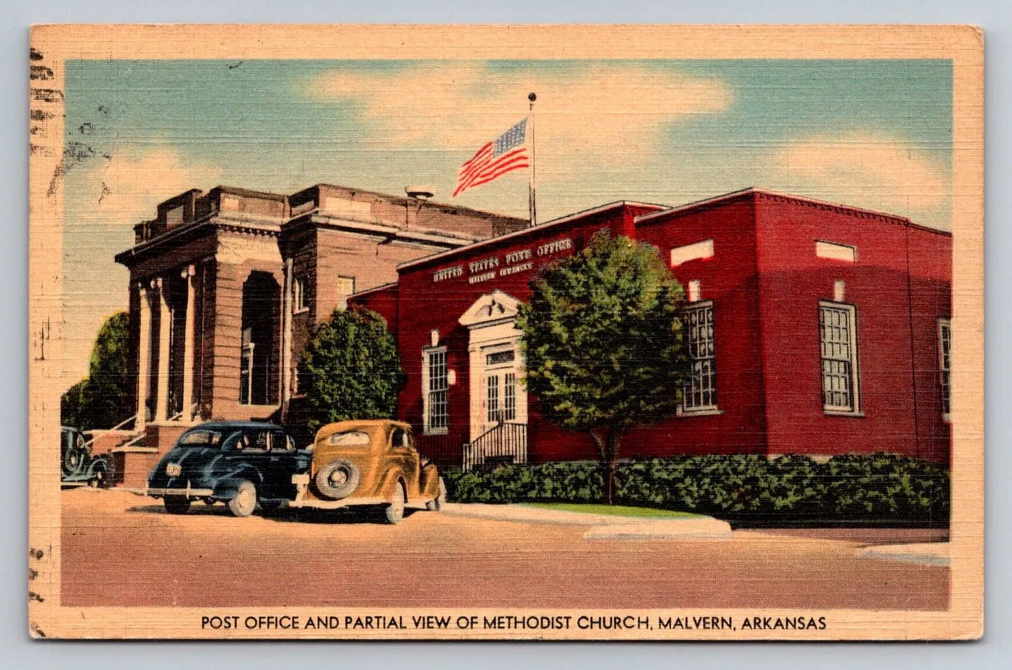 Post Office and Partial View of Methodist Church, Malvern, Arkansas Postcard