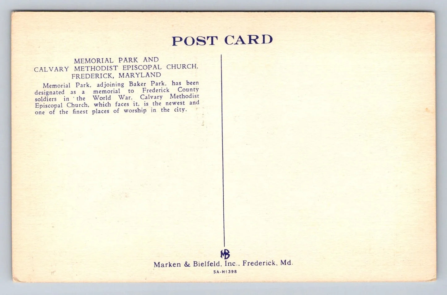 Memorial Park, Calvary Methodist Episcopal Church, Frederick, Maryland Postcard