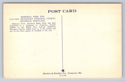 Memorial Park, Calvary Methodist Episcopal Church, Frederick, Maryland Postcard