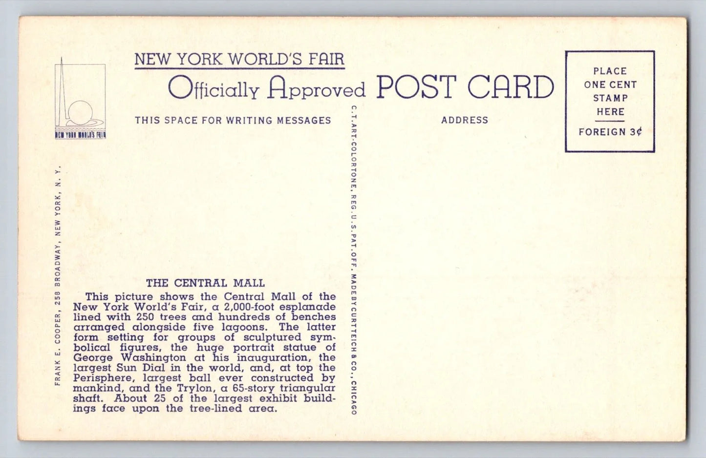 The Central Mall, New York World's Fair, 1939, 47w Vintage Postcard