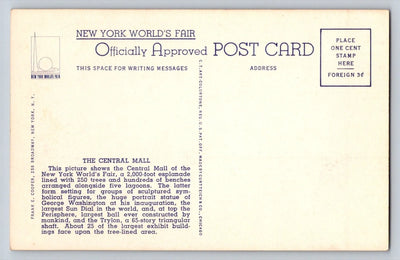 The Central Mall, New York World's Fair, 1939, 47w Vintage Postcard